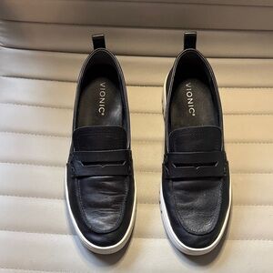 Vionic Black Leather Slip-On Penny Loafers with White Sole